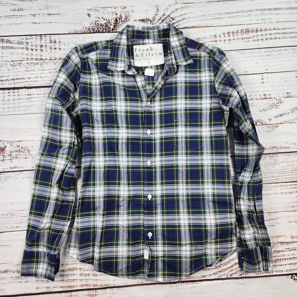 Frank & Eileen Barry Plaid Button Up Shirt Womens S Blue Green Italian Cotton
